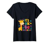 Womens Autism Awareness Giraffe Animal Lover Its Ok to Be Different V-Neck T-Shirt