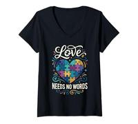 Women's Autism Awareness Love Needs No Words Kid Designs V-Neck T-Shirt