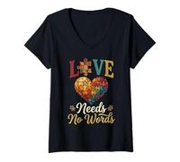 Women's Autism Awareness Love Needs No Words Kid Designs V-Neck T-Shirt