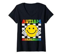 Womens Autism Awareness Peace Smile Face Puzzle Autistic Pride V-Neck T-Shirt