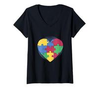 Womens Autism Awareness Puzzle Teacher Women Kid Acceptance Autism V-Neck T-Shirt
