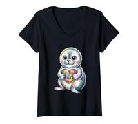 Women's Autism Awareness Seal Puzzle Heart Neurodiversity Support V-Neck T-Shirt