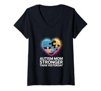 Women's Autism Mom Stronger Than Yesterday Pride V-Neck T-Shirt