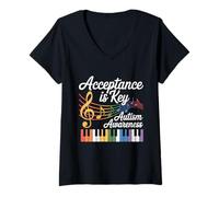 Women's Autism Music Awareness Acceptance Design V-Neck T-Shirt