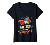 Women's Autism My Superpower Neurodiversity Puzzle Piece Awareness V-Neck T-Shirt