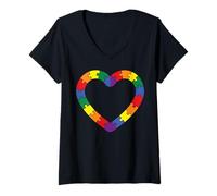 Women's Autism Puzzle Heart Colorful Support Design V-Neck T-Shirt