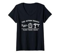Women's Autism Trinity Planes Trains Cranes Autistic Awareness V-Neck T-Shirt
