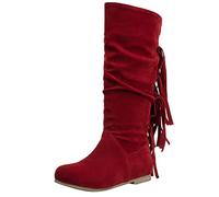 Women's Autumn and Winter European and American Fashion Tassel Round Head Warm High Boots 7 Womens Boots (Red, 5.5)
