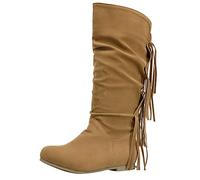 Women's Autumn and Winter European and American Retro Fashion Tassel Round Head Warm High Boots Mid Calf Rain Boots (Yellow, 6.5)