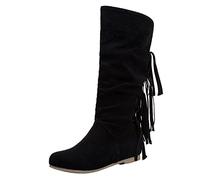 Women's Autumn and Winter European and American Retro Fashion Tassel Round Head Warm High Boots Mid Calf Rain Boots (Black, 5)