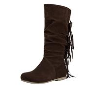 Women's Autumn and Winter European and American Retro Fashion Tassel Round Head Warm High Boots Mid Calf Rain Boots (Brown, 6)