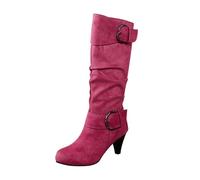 Women's Autumn and Winter Fashion Suede Fine Heel Solid Color Mid Calf Boots Temperament Comfortable Boots Cowboy Boots for Women Long Boots Tall Field Boots for Women (5) Hot Pink
