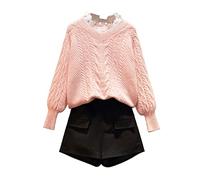 Women's Autumn and Winter Large Size Fashion Sweater Shorts Age-proof Thin Foreign Air Set Ladies Clothing (Color : Pink, Size : L code)