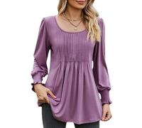 Women's Autumn and Winter T-Shirt Solid Colour Pleated Round Neck Comfortable Casual Long Sleeve Top Fuchsia