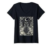 Women's Autumn Cat Lover Crescent Moon Pumpkin Vintage Style V-Neck T-Shirt