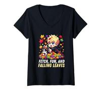 Womens Autumn Chibi Boy Dog Fetch Fun and Falling Leaves Kawaii V-Neck T-Shirt
