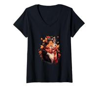 Womens Autumn Chibi Boy Dog Fetch Fun and Falling Leaves Kawaii V-Neck T-Shirt