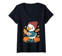 Womens Autumn Cozy Vibes Duck Pumpkin Mug V-Neck T-Shirt