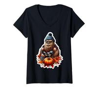 Womens Autumn Fall Big-Foot Big Foot Sasquatch Lover Thanksgiving V-Neck T-Shirt