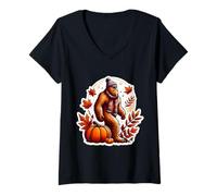 Womens Autumn Fall Big-Foot Sasquatch Big Foot Lover Thanksgiving V-Neck T-Shirt