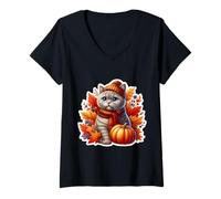 Womens Autumn Fall British Shorthair Cat Owner Thanksgiving Mom Dad V-Neck T-Shirt