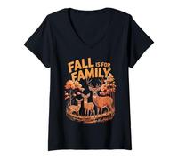 Womens Autumn Fall Deer Family Woodland Forest Leaves Nature Walks V-Neck T-Shirt
