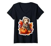 Womens Autumn Fall Irish Wolfhound Dog Owner Lover Pumpkin Vintage V-Neck T-Shirt