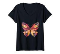 Womens Autumn Fall Leaves Butterfly Nature Forest Fall V-Neck T-Shirt