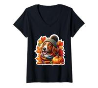 Womens Autumn Fall Nederlandse Kooikerhondje Dog Owner Thanksgiving V-Neck T-Shirt