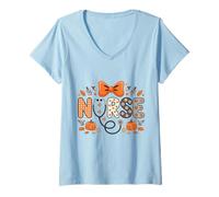 Womens Autumn Fall Nurse Shirt for Women Thankful Grateful Blessed V-Neck T-Shirt