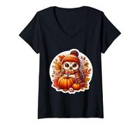 Womens Autumn Fall Owl Bird Lover Thanksgiving Pumpkin Leaves Cute V-Neck T-Shirt
