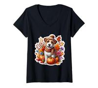 Womens Autumn Fall Russell Terrier Dog Owner Lover Pumpkin Vintage V-Neck T-Shirt