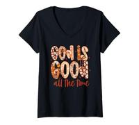 Womens Autumn Floral God is Good All The Time Fall Faith Christian V-Neck T-Shirt