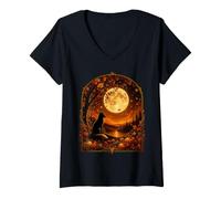 Women's Autumn Fox Full Moon Forest Fall Leaves Pumpkins V-Neck T-Shirt