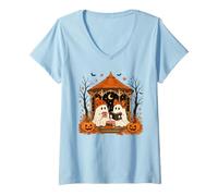 Women's Autumn Ghosts Cozy Reading Spooky Season V-Neck T-Shirt