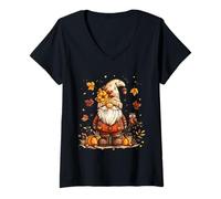 Womens Autumn Gnome with Owl and Pumpkins Fall Decor Design V-Neck T-Shirt