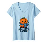 Womens Autumn Leaves and Latte Cozy Pumpkin Design V-Neck T-Shirt
