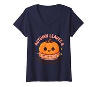 Womens Autumn Leaves and Sweeter Lattes Pumpkin Design V-Neck T-Shirt
