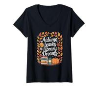 Womens Autumn Leaves Library Dreams Cozy Fall Book Lover V-Neck T-Shirt