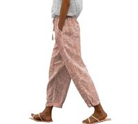 Women's Autumn Linen-Print Casual Trousers with Elastic Belt & High Waist Pockets, Soft Hemp-Blend Pants for Creative Workshops, Farmer’s Markets & Early Fall Style Rose Gold