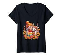Womens Autumn Magic Girl Unicorn Flowers V-Neck T-Shirt