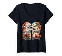 Womens Autumn Season Rustic Truck Pumpkins Farmhouse V-Neck T-Shirt