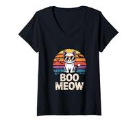 Womens Autumn Siamese Cat Halloween Boo Meow Retro V-Neck T-Shirt