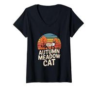 Womens Autumn Siamese Cat Retro Field V-Neck T-Shirt