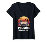 Womens Autumn Siamese Cat Walking Through Leaves V-Neck T-Shirt