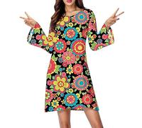 Women's Autumn Skirt Border Halloween Hippie Costume Printed Elastic Dress | Boho Print Elastic Waist Skater Silhouette Halloween Party Wear Autumn Outfit Womens Costume Dress European Style 2023