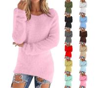 Women's Autumn Sweaters Long Sleeve Ladies Jumpers Arctic Velvet Round Neck Women's Fashionable Solid Color Long Pullovers Loose Fuzzy Jumper Sweater Pink
