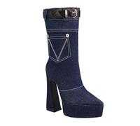 Women's Autumn Winter Boots with Heel and Buckle for Belt Solid Denim with Water Resistant Platform and Pointed Heel Boots 4 cm, dark blue, 4 UK