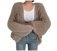 Women's Autumn Winter Coat Balloon Sleeves Knitted Cardigan Solid Color Versatile Lazy Style Thick Sweater Casual Loose Open Front Knitwear Khaki