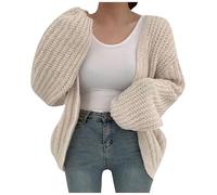 Women's Autumn Winter Coat Balloon Sleeves Knitted Cardigan Solid Color Versatile Lazy Style Thick Sweater Casual Loose Open Front Knitwear Beige